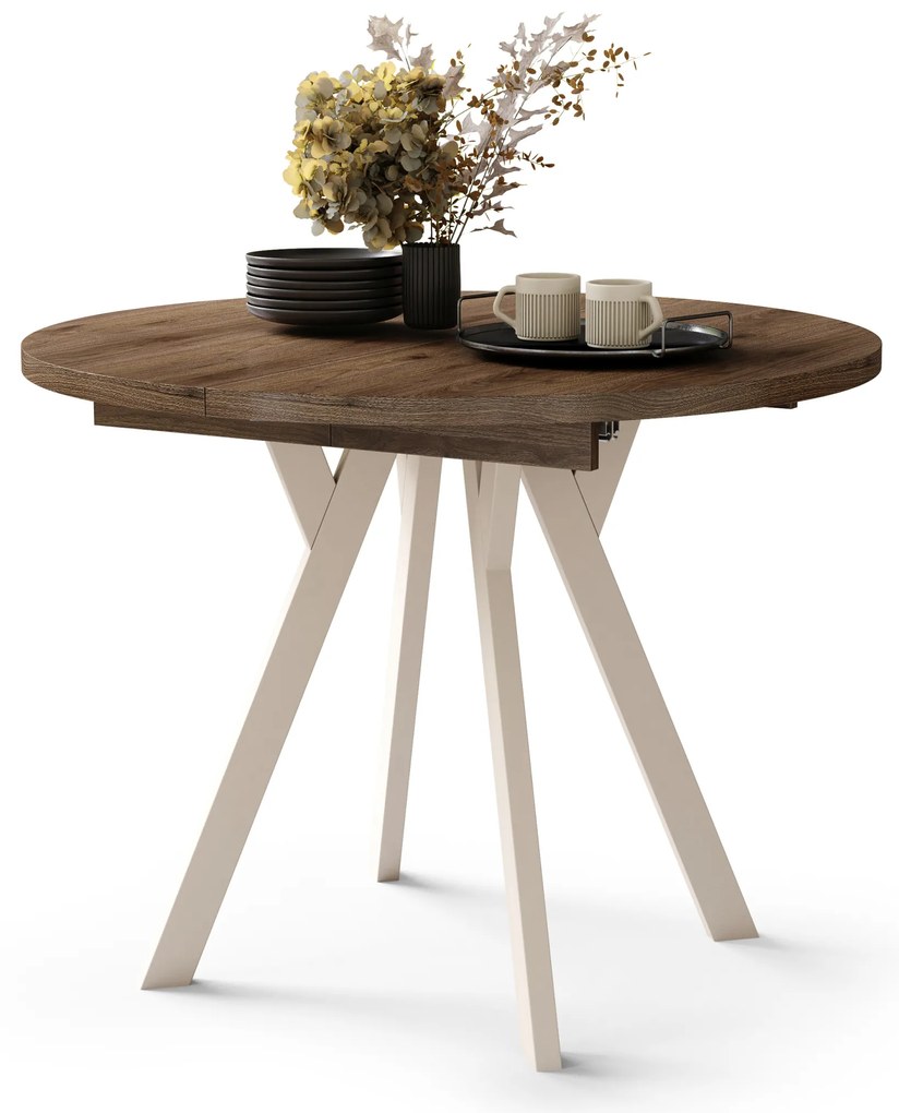 Mazzoni ALDO Elegáns Dió/bézs lábak - BŐVÍTHETŐ KEREK ASZTAL Y ALAKÚ LÁBAKKAL LOFT/IPARI STÍLUSÚ NAPPALIBA/ÉTKEZŐBE