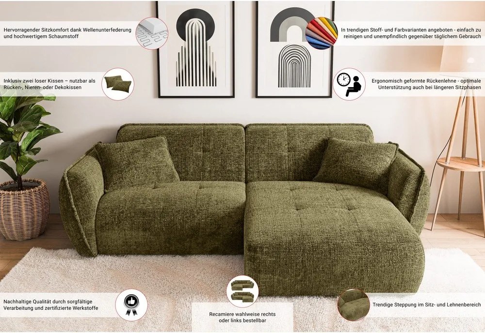 Zöld zsenília sarokkanapé (jobb oldali-heverő résszel) Nelia – Ropez