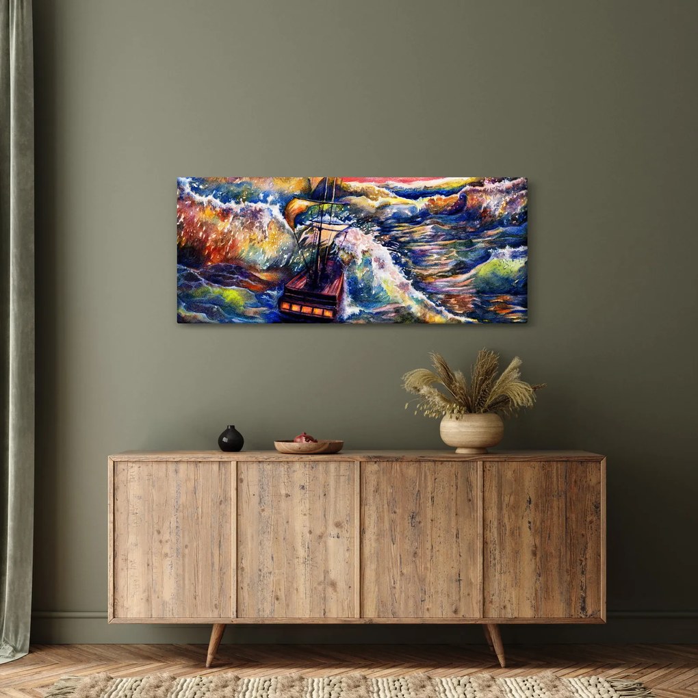 Kép - Hajó az óceán hullámain, aquarel (120x50 cm)