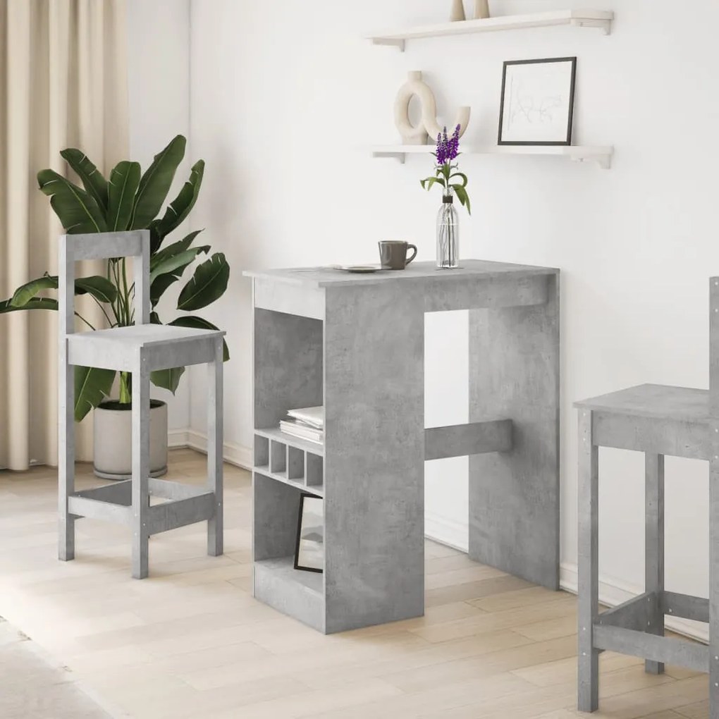 betonszürke szerelt fa bárasztal tárolókkal 90x47,5x103,5 cm