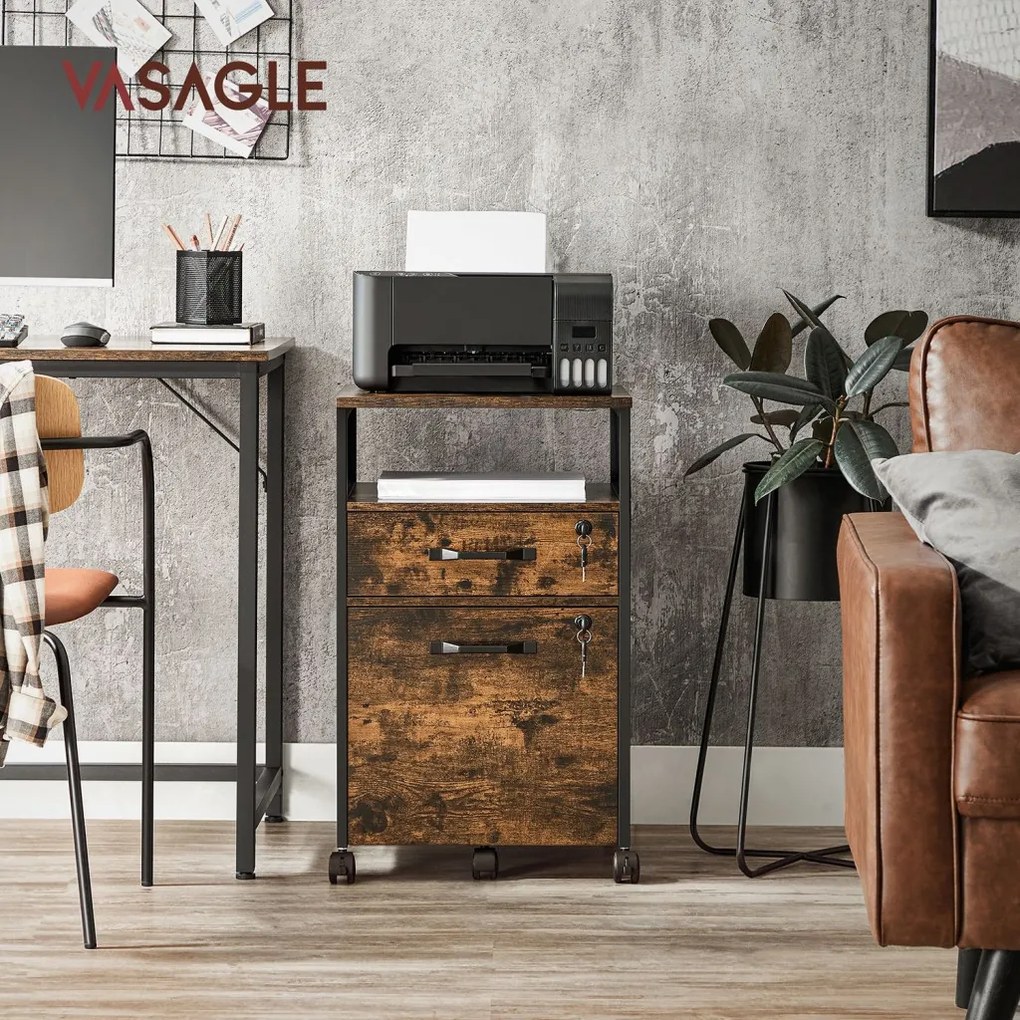 Irodai fiókos irattároló szekrény, gurulós, 2 fiókkal, polccal, rusztikus barna 44x42x69cm