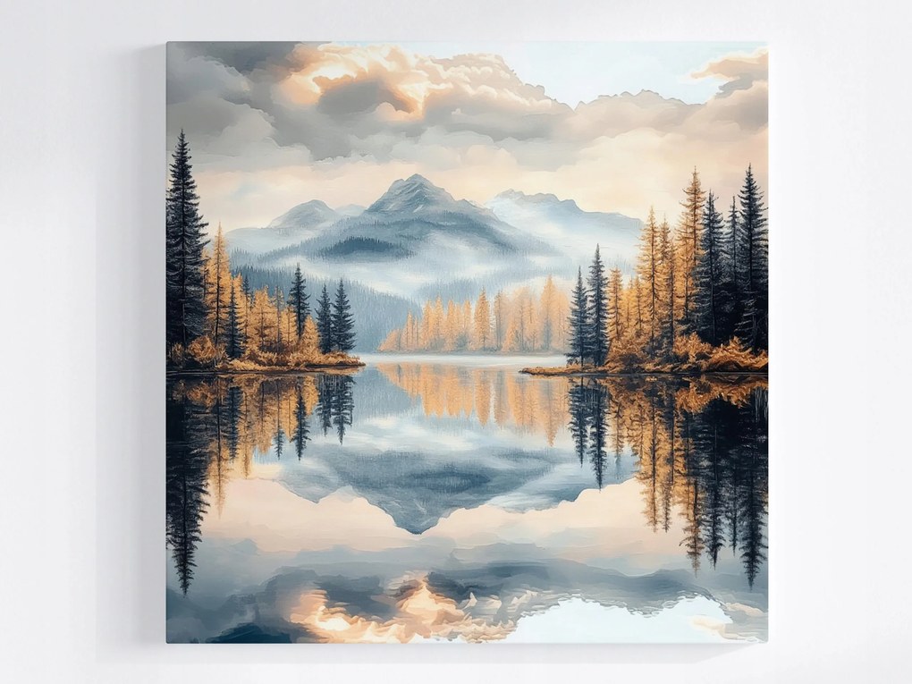 Vászonkép Canvas Tájkép Hegyek Erdő Fák Tó Tükröződés 80x80