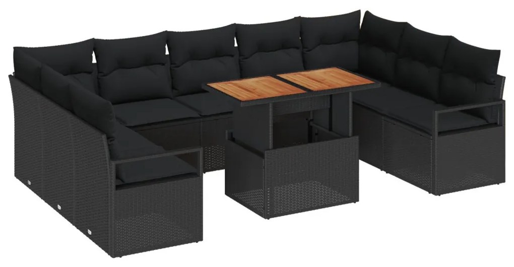 10 darabos Kerti Kanapé Szett Párnákkal Fekete Poli Rattan Akáccal, 2-Fős Kerti Kanapé Párnákkal Fekete Poli Rattan