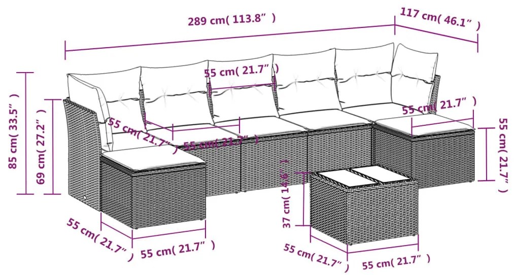 8 részes fekete polyrattan kerti ülőgarnitúra párnákkal