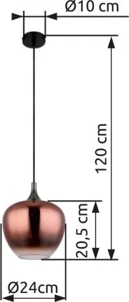 Globo 15548HG Függeszték fém fekete matt, fém fekete-króm, réz színű/átlátszó színátmenetes üveg búra, fekete textil kábel, ø: 240mm, M: 1200mm, 1x E27 60W 230V izzó nélkül
