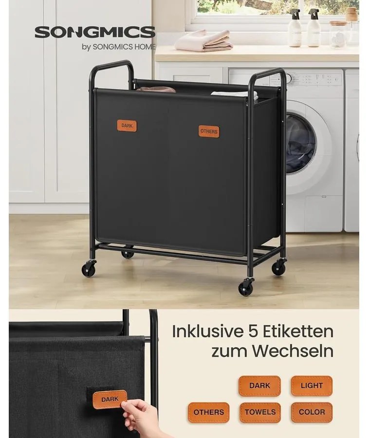 gurulós szennyestartó, 2 rekeszes ruhagyűjtő 140 l, fekete