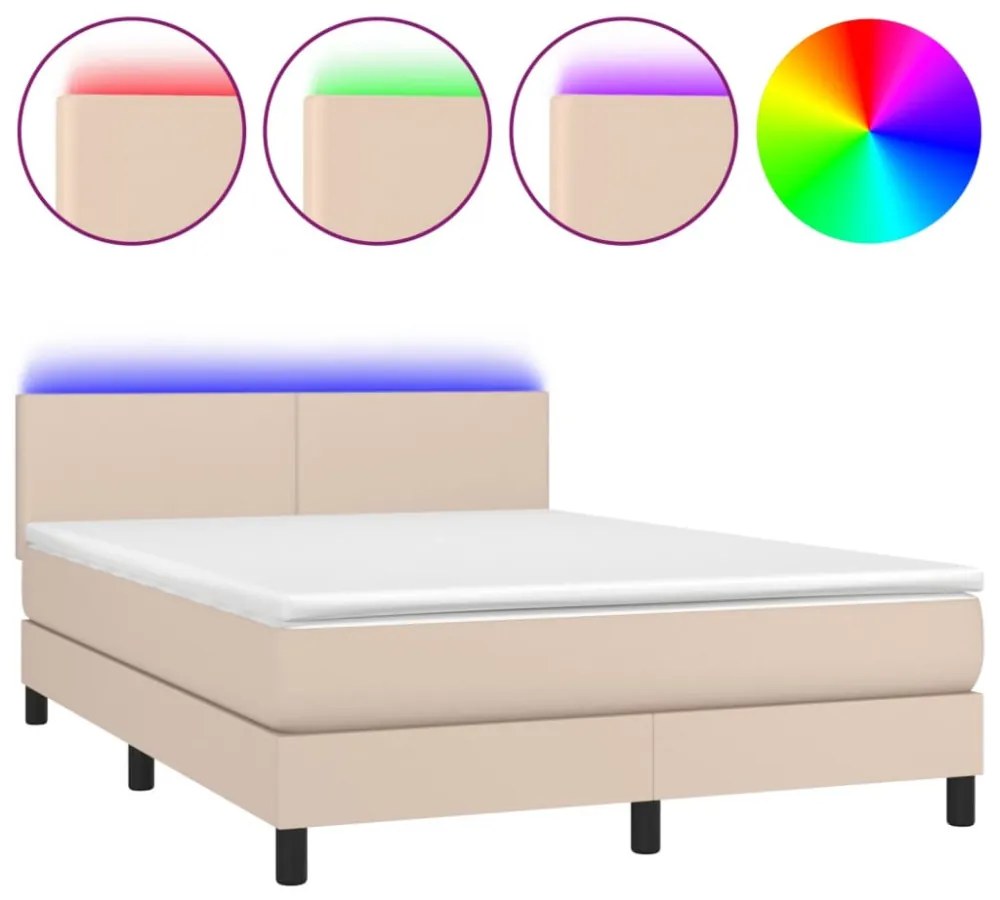 cappuccino színű műbőr rugós ágy matraccal és LED-del 140x190cm