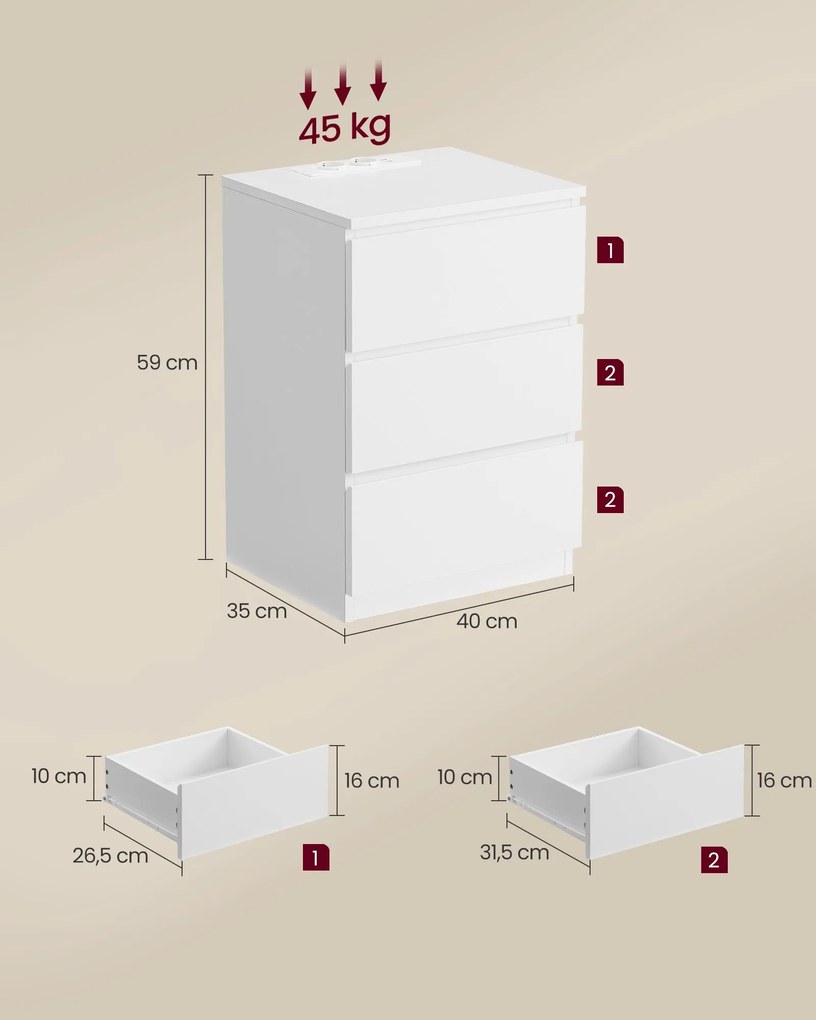 Éjjeliszekrény, oldalasztal 3 fiókkal, 2 ac aljzattal és 2 usb porttal, fehér