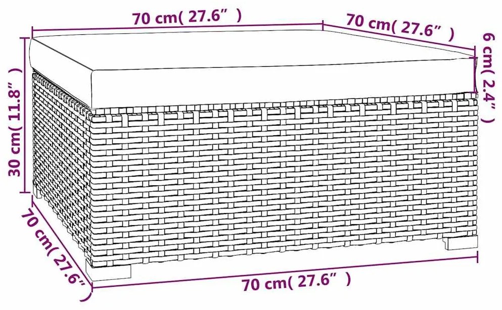 Szürke polyrattan kerti lábtartó párnával 70 x 70 x 30 cm