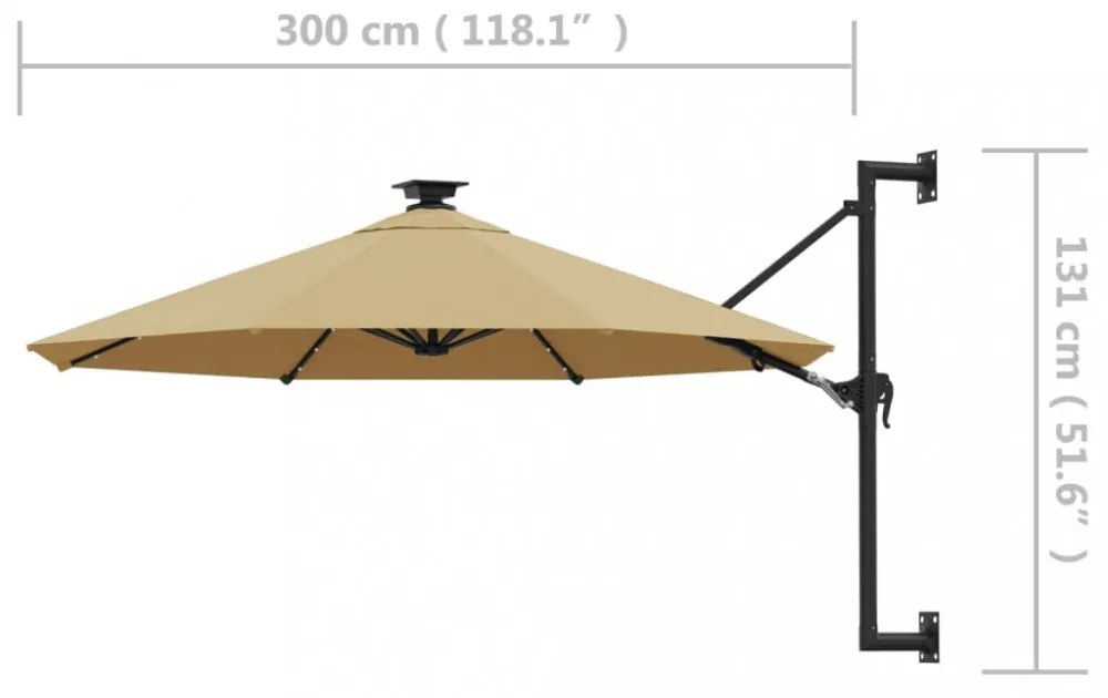tópszínű fali napernyő LED-ekkel és fémrúddal 300 cm