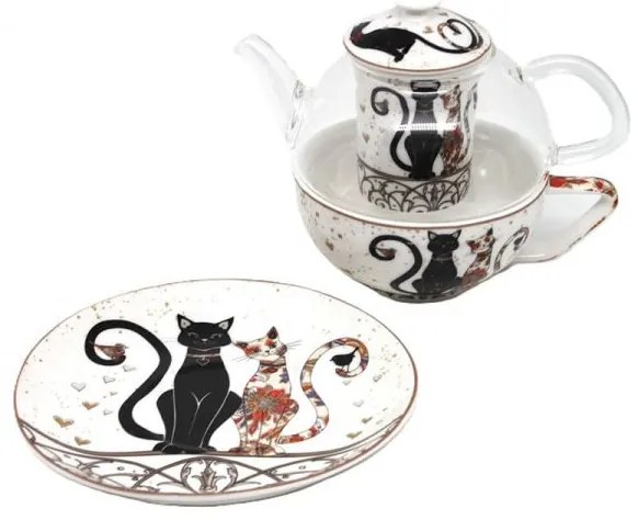 Fekete-arany cicás porcelán teáskészlet - 1 személyes szűrővel