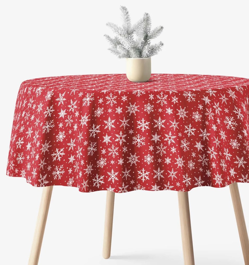 Goldea kör alakú karácsonyi terítő valencia - fehér pelyhek piros alapon Ø 110 cm