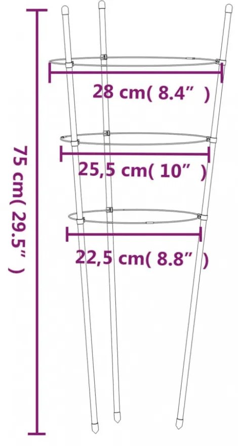 5 db zöld acél kerti növénytámasz 3 gyűrűvel 75 cm