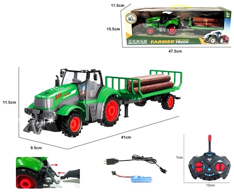 Új Rc Távirányítós Traktor Utánfutóval 3.7V Lítium Akku plusz töltő 42 Cm teljes hossz Fa Szállító Kombájn Maszóró Választható
