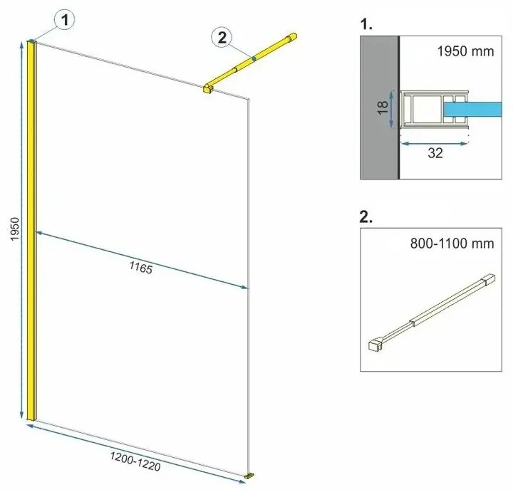 Rea Aero, zuhanykabin 120cm, 8mm átlátszó üveg, arany fényes profil + EVO polc és akasztó, KPL-K8443