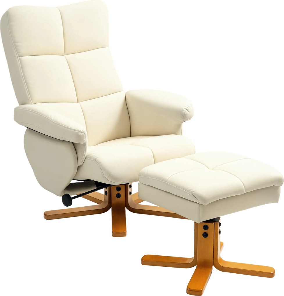 HOMCOM Fotel lábtartóval, tárolóhellyel, párnázott TV szék dönthető funkcióval, 360°-ban forgatható TV szék hálószobába, nappaliba, műbőr, krémfehér |