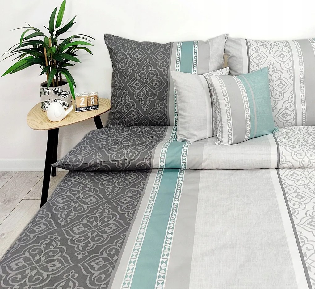 Pamut-szatén ágyneműhuzat Prémium 160x200 csíkos szürke menta