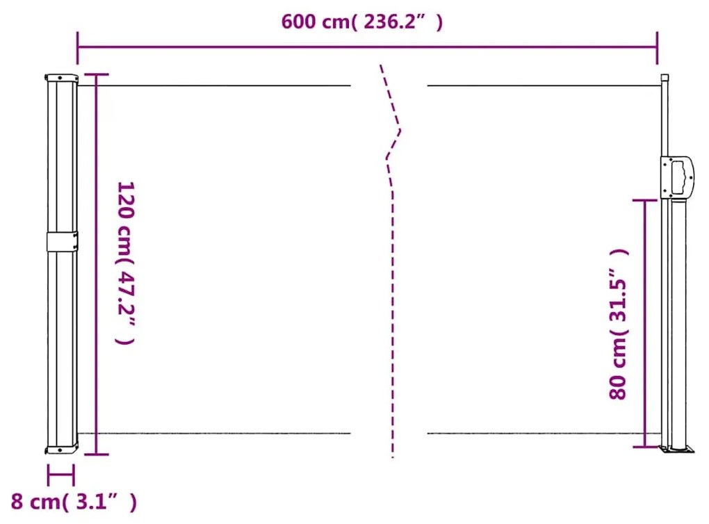 fekete behúzható oldalsó napellenző 120 x 600 cm