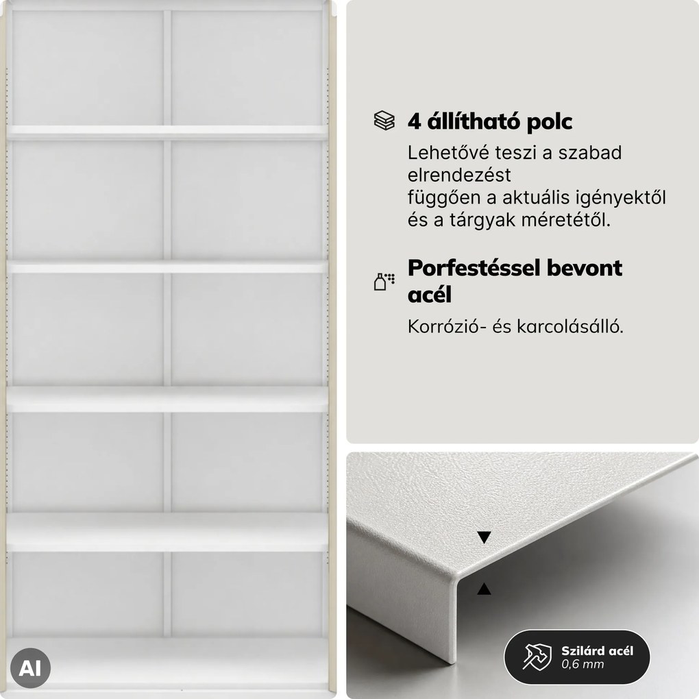 Fém szekrény vitrinnel, fehér, sonoma tölgy, 900x1850x400 mm: AMELIA Eco Design