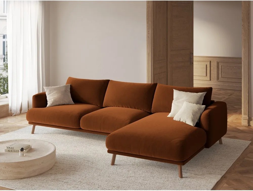Terrakotta színű bársony sarokkanapé (jobb oldali-heverő résszel) Naomi – Micadoni