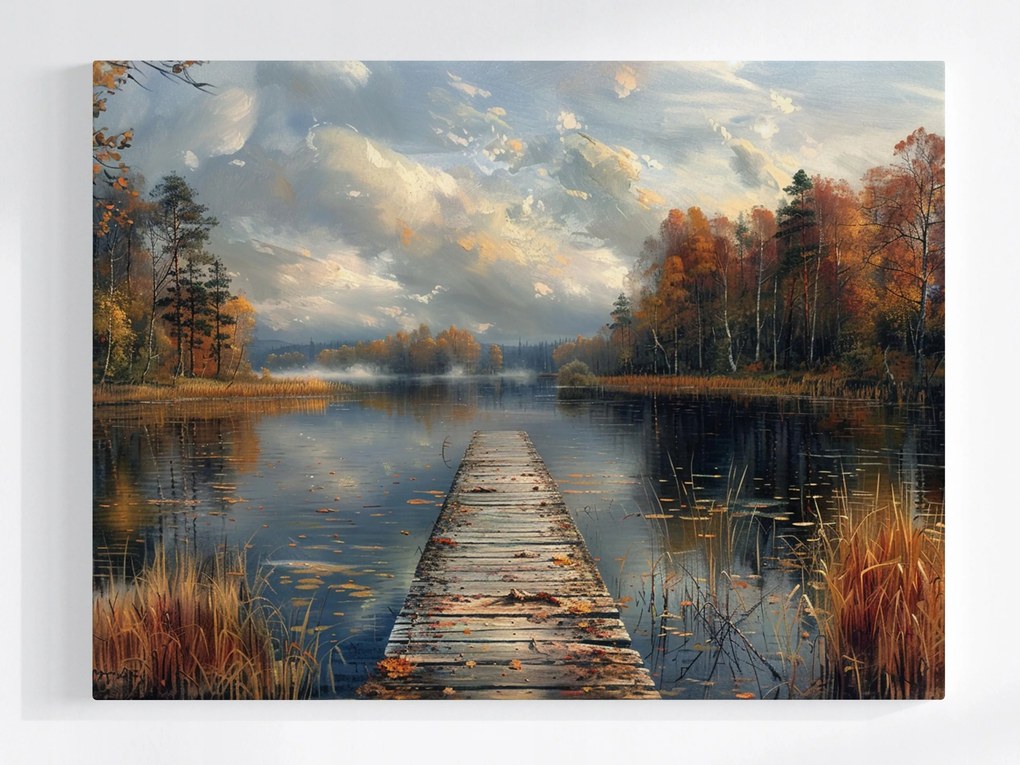 Vászonkép Canvas Tájkép Erdő Tó Móló Ősz Köd 100x75
