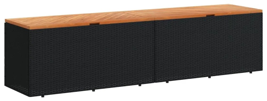 Fekete polyrattan és akácfa kerti tárolóláda 220 x 50 x 54 cm