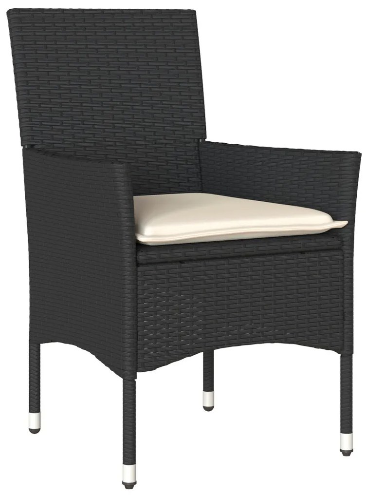 5 darabos kerti étkező garnitúra párnákkal fekete polirattan, Kerti asztal fekete 160x80x73 cm edzett üveggel