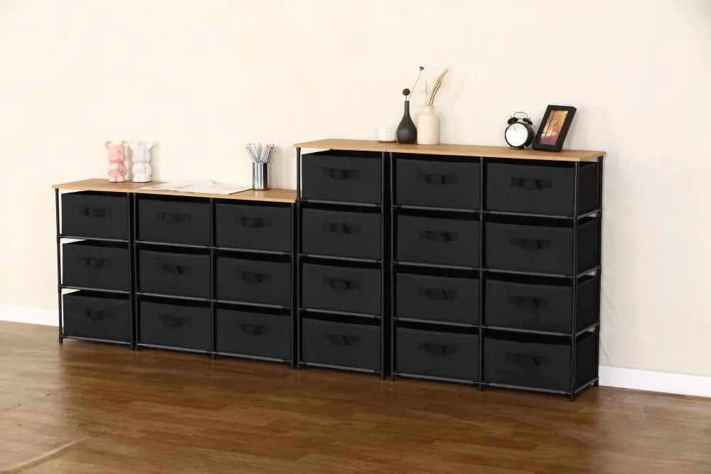 Intenso Home komód 3db szövet fiókkal 40x68cm | Fekete - arany tölgy vászonfiókos tároló