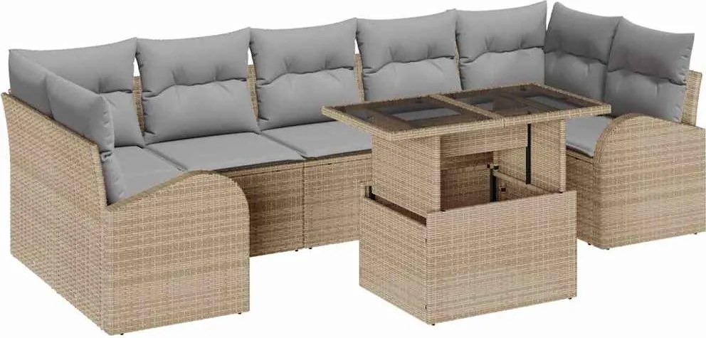 vidaXL Kerti Kanapé Szett párnával tárolóval 8 pcs Bézs Poly Rattan