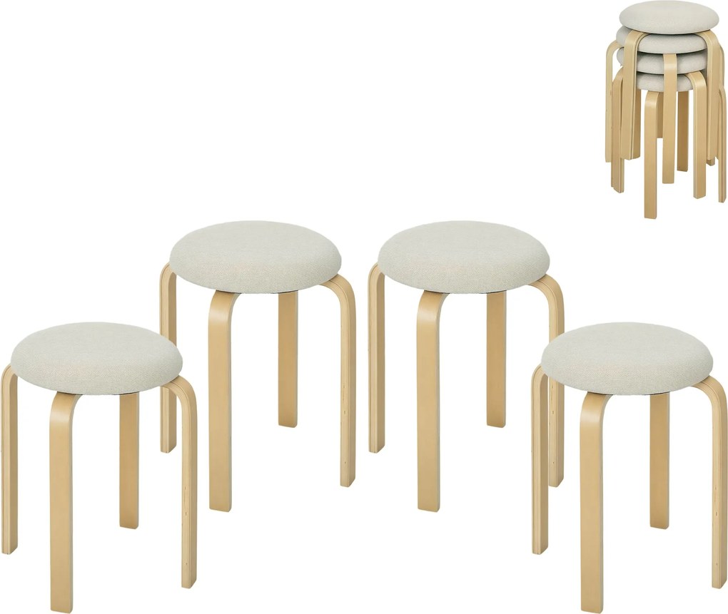 HOMCOM 4 darabos étkezőszék készlet - Stacking Kerek Székek Konyha, Párnázott Székek Étkezőbe, Nappaliba, Konyhába, Krémfehér | Aosom