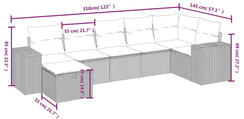 7 részes bézs polyrattan kerti ülőgarnitúra párnákkal