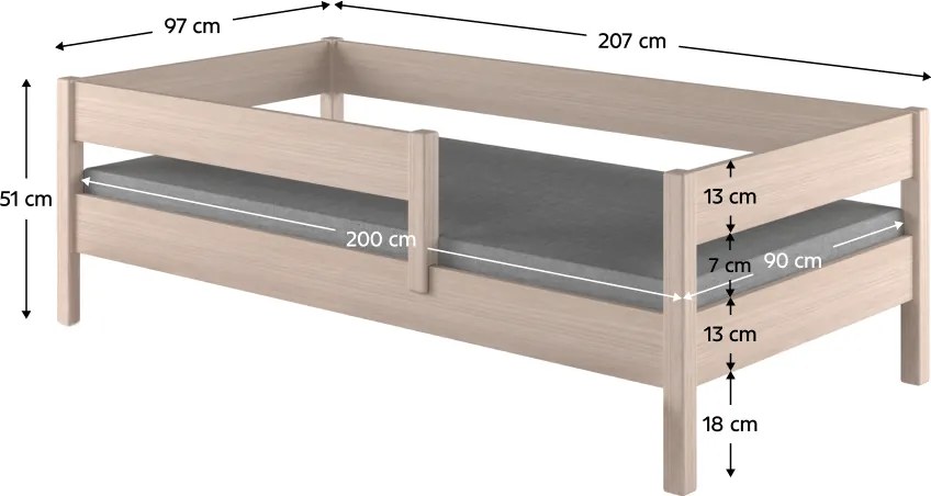 Gyerekágy biztonsági akadállyal, fehérített tölgy, 90x200, MIX