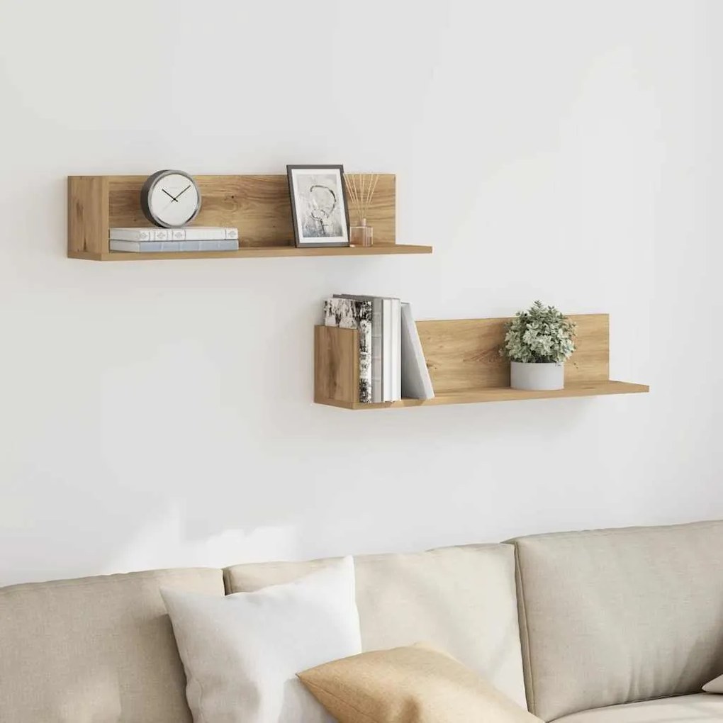2 db kézműves tölgy színű szerelt fa fali polc 75x16,5x16,5 cm