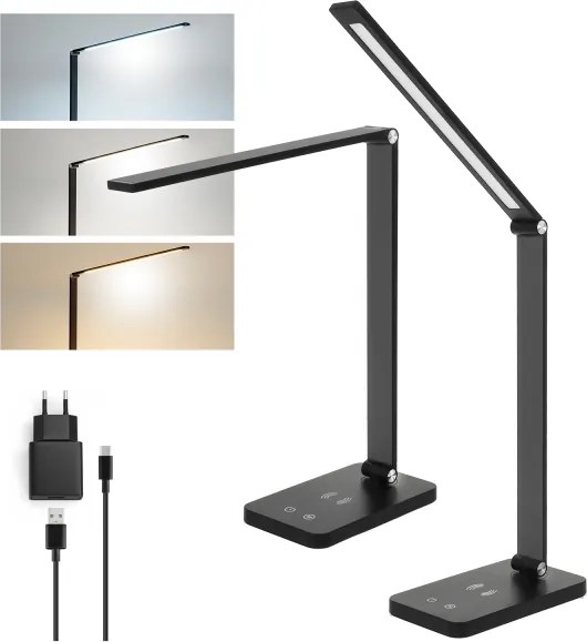Brilagi - LED érintéses asztali lámpa, dimmelhető, vezeték nélküli QI töltéssel, LED/7W/5V, 3000/4000/6000K, fekete