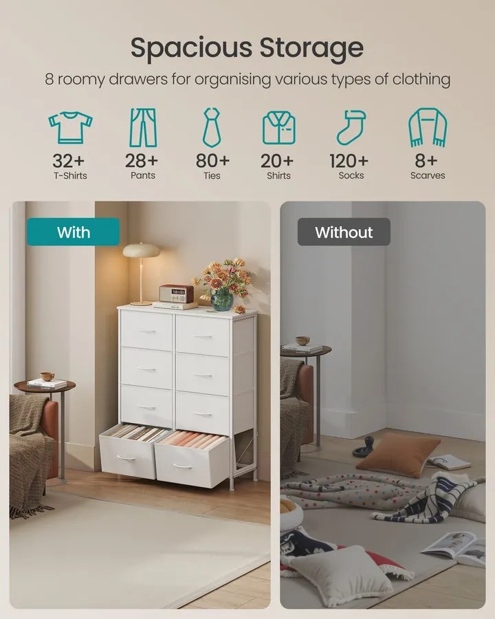 BELLAH modern komód, tárolószekrény 8 fiókkal, felhőfehér és hófehér színben