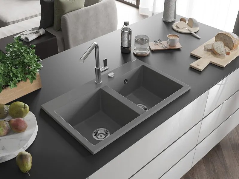 Mexen Hektor kétkamrás gránit mosogató 800 x 480 mm, szürke, króm szifon - 6521802000-71