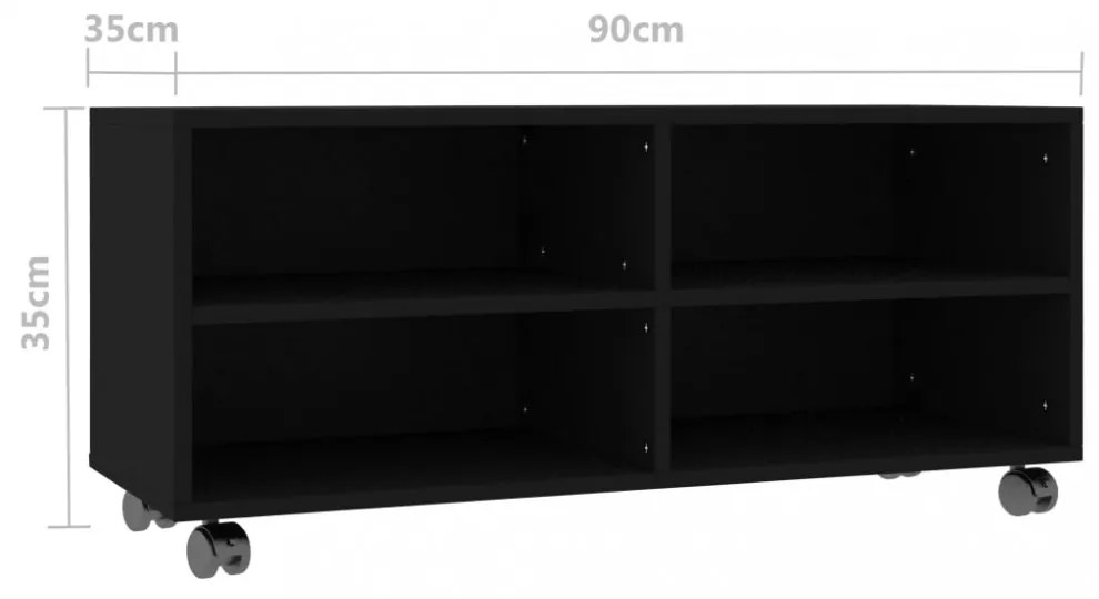 fekete szerelt fa TV-szekrény görgőkkel 90 x 35 x 35 cm