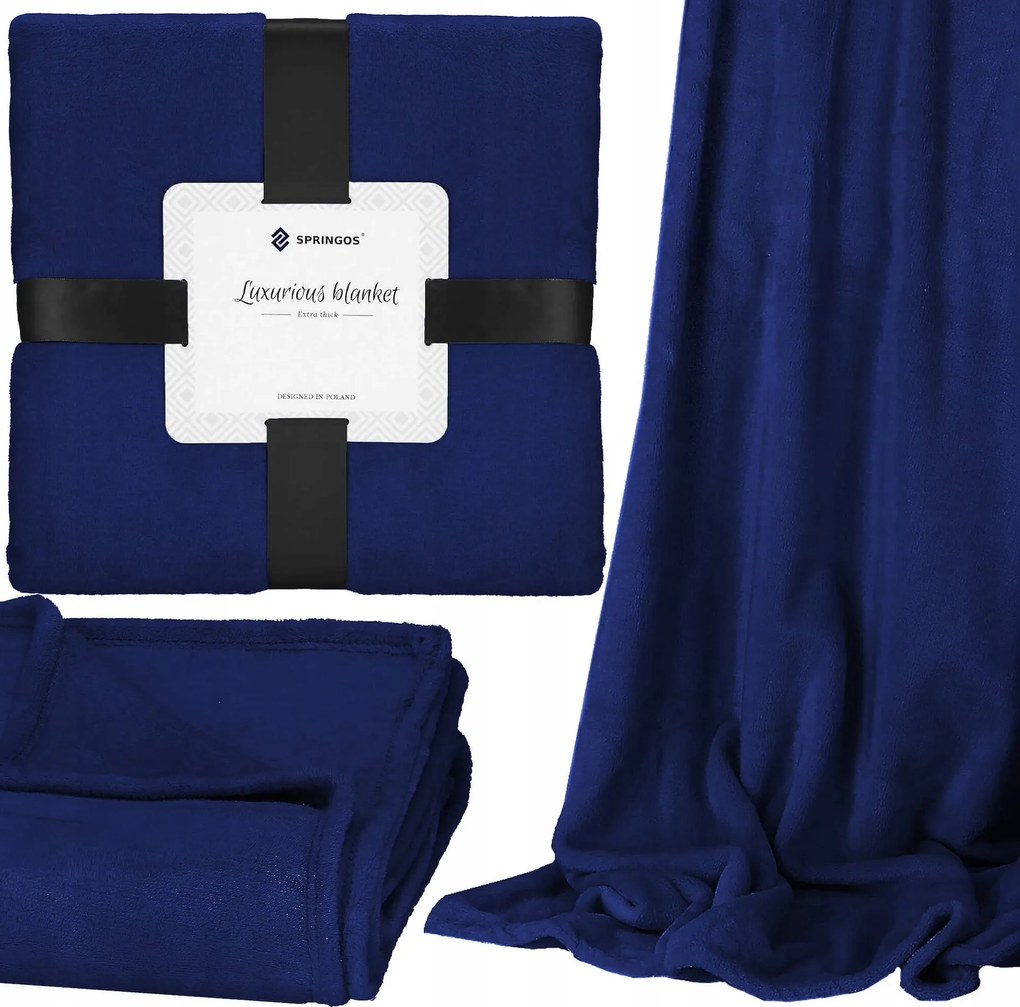 Vastag Takaró 200x220 Puha Ágytakaró Pléd Sima Delux Sötétkék Bolyhos XXL