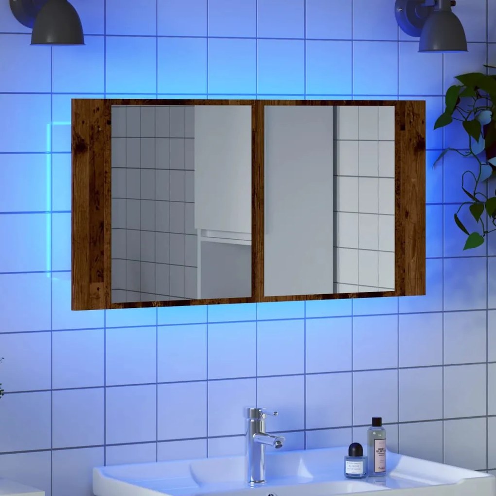 antik fa színű szerelt fa tükrösszekrény LED-del 90x12x45 cm