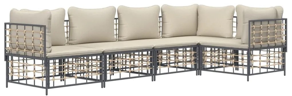 5 részes antracitszürke polyrattan kerti ülőgarnitúra párnákkal