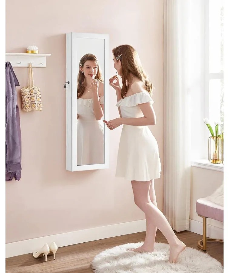 Ékszerszekrény falra szerelhető, zárható tároló tükörrel és több rekesszel – fehér/bézs