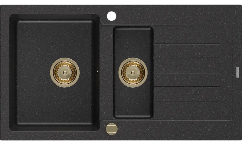 Mexen Matias, gránit mosogató 900x505x200 mm, 1,5 kamrás, fekete-ezüst metál arany szifonnal, 6502901505-73-G