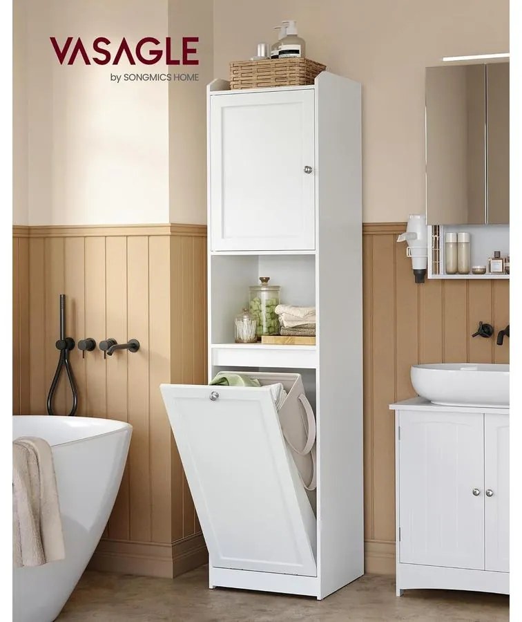 Magas fürdőszobai szekrény szennyeskosárral,  tárolóegységgel, felhőfehér