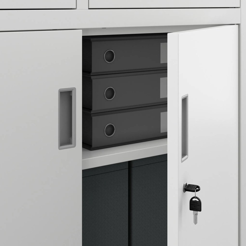 Fém iratszekrény széffel, vitrinnel és fiókokkal FILIP, 900 x 1850 x 400 mm, fehér