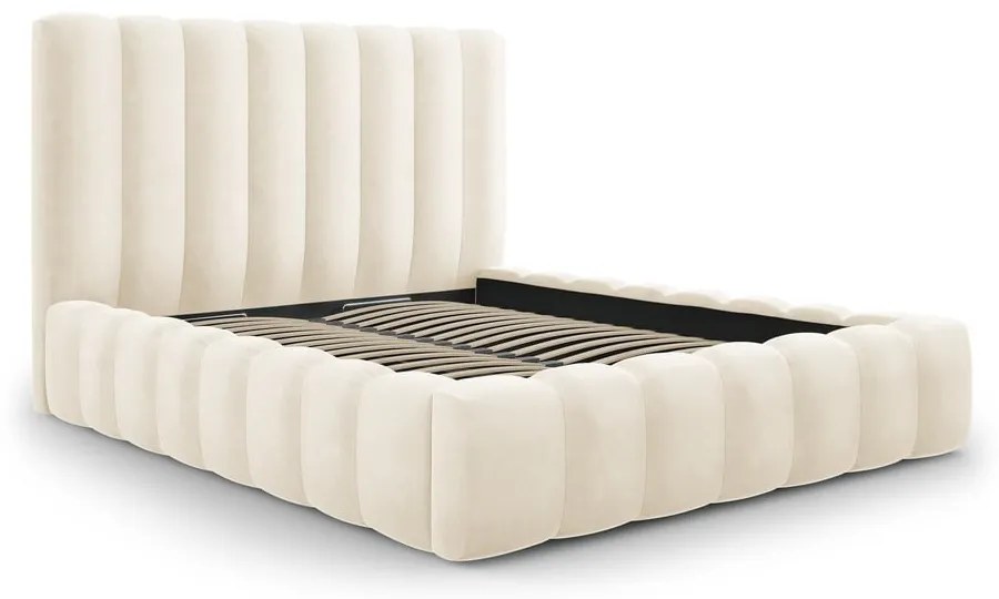 Bézs kárpitozott franciaágy tárolóhellyel, ágyráccsal 200x200 cm Kelp – Micadoni Home