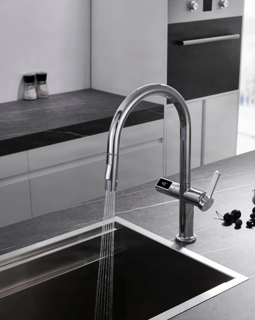 Konyhai csaptelep ELITE EDITION KSS1700 kihúzható zuhanyfejjel, LED-kijelzővel és érintésmentes érzékelővel, több színváltozatban — Króm — Igen