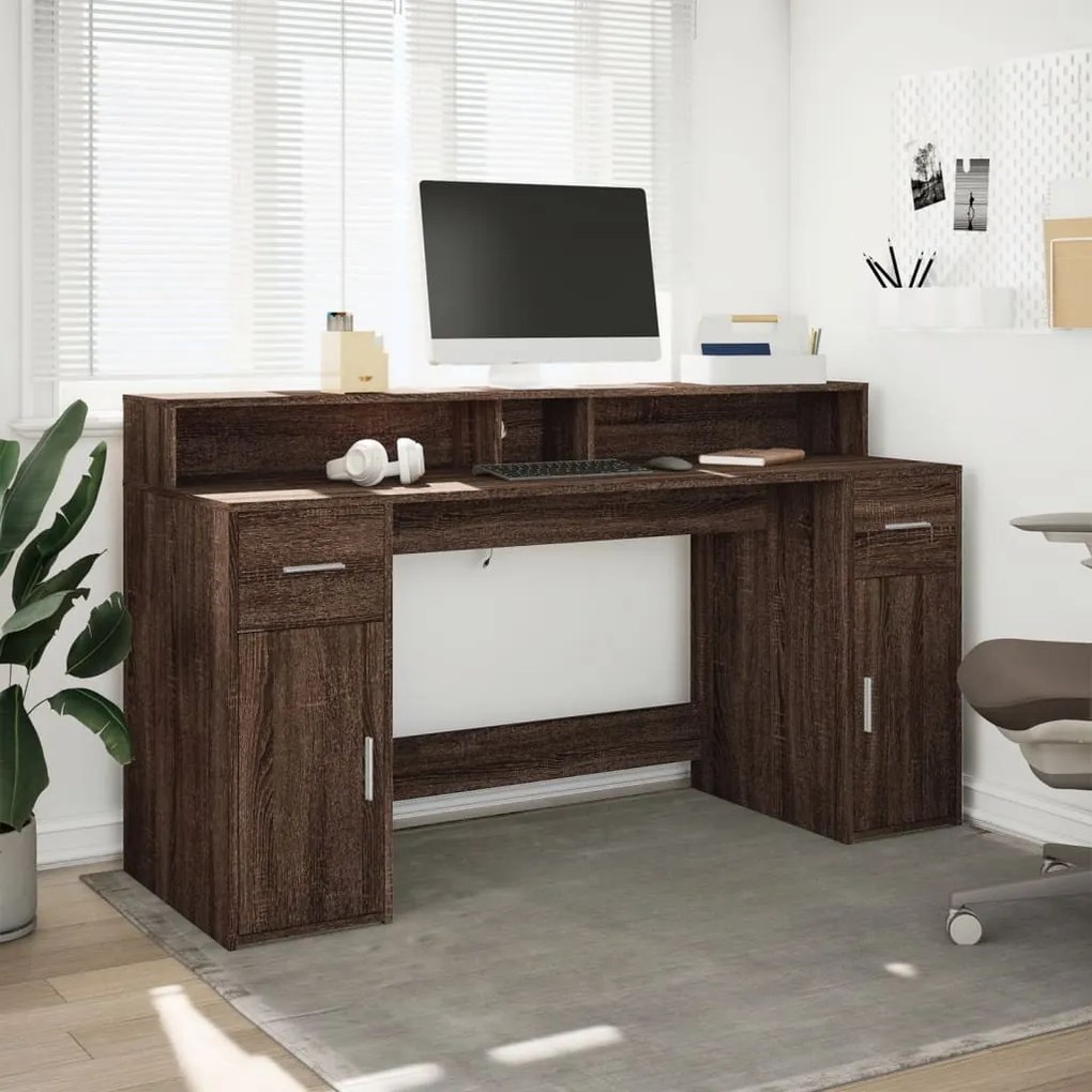 barna tölgy színű szerelt fa íróasztal LED-ekkel 160x55x91 cm
