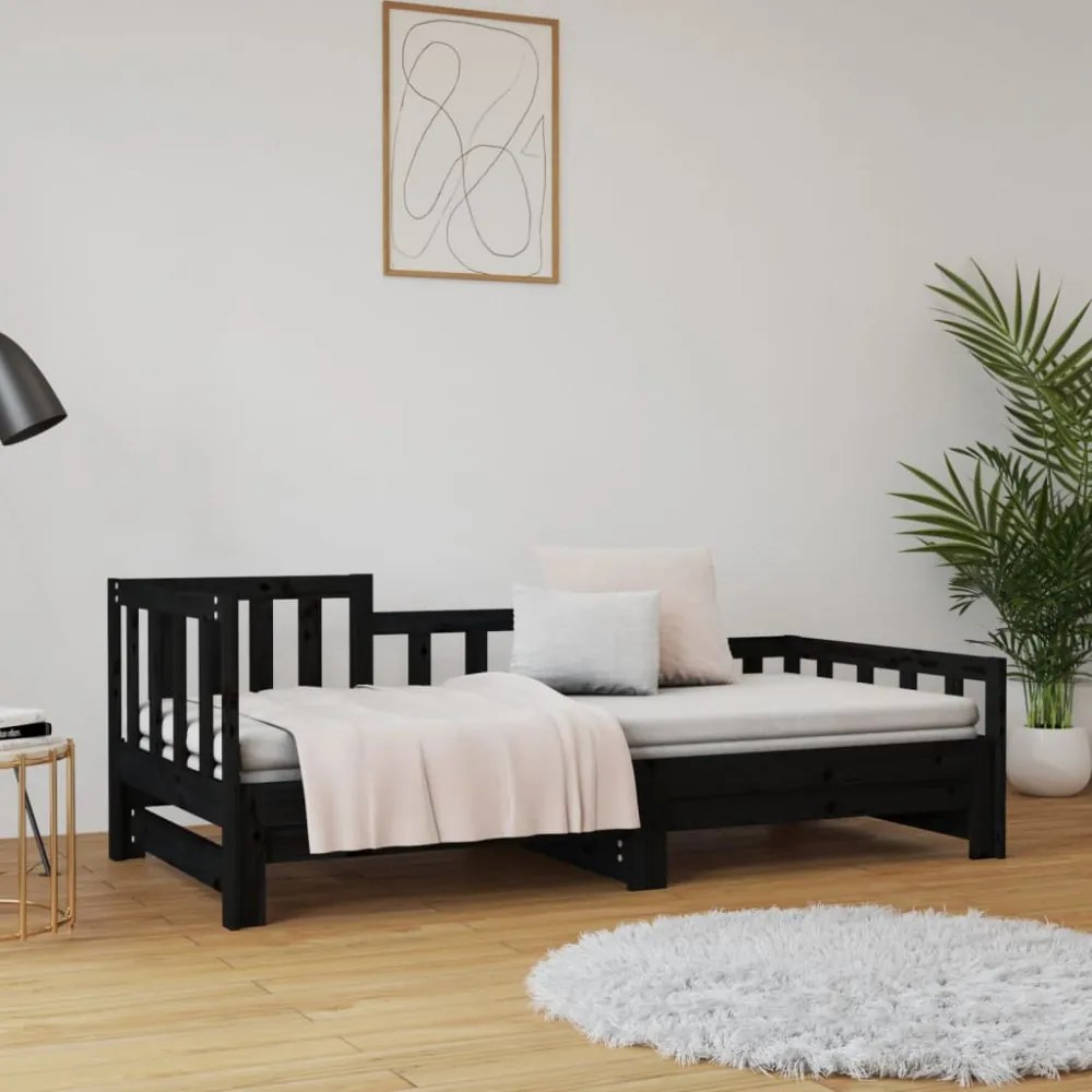 fekete tömör fenyőfa kihúzható kanapéágy 2x(90x190) cm