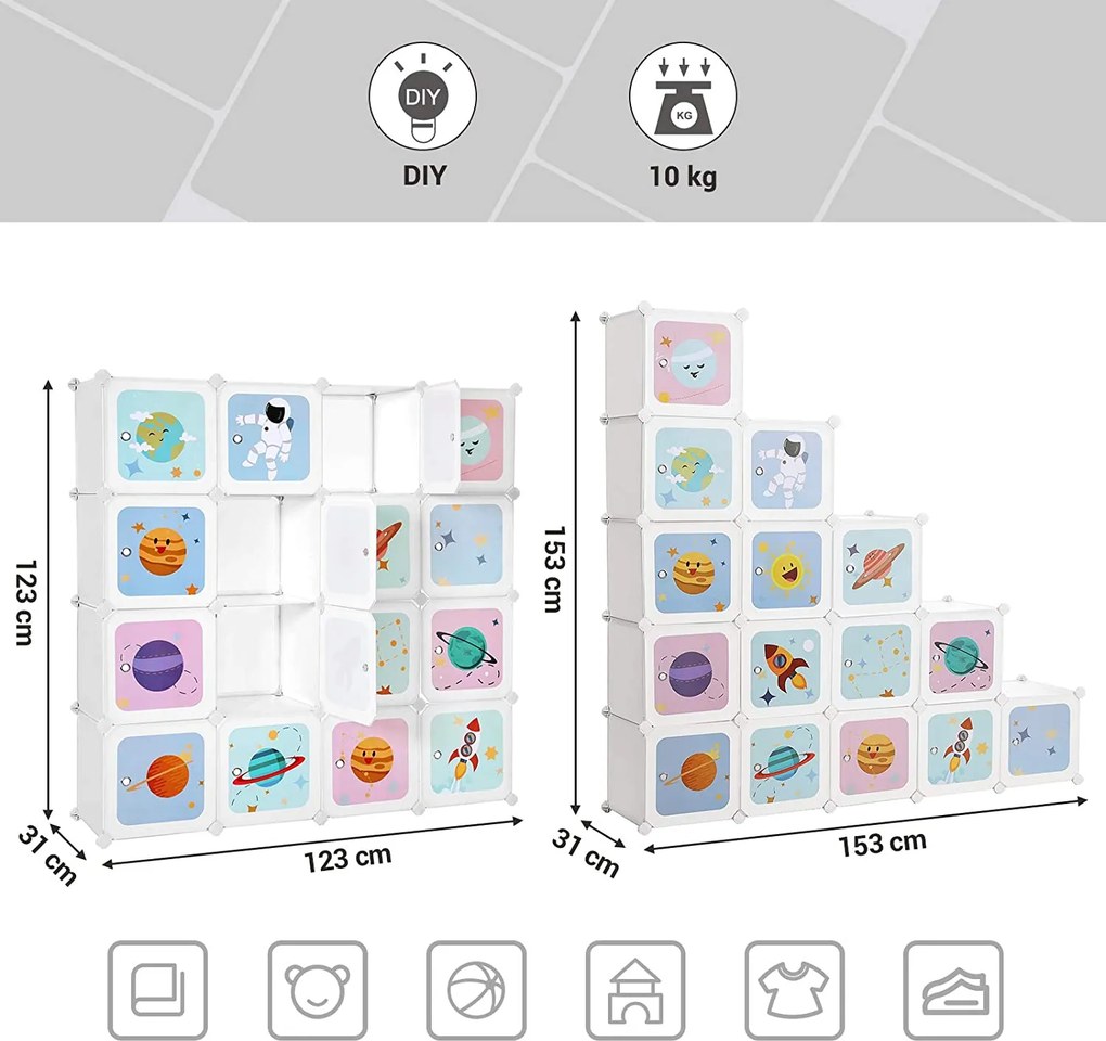 15 kockás játéktároló, játékrendező szekrény 153x31x153 cm, űrutazás téma