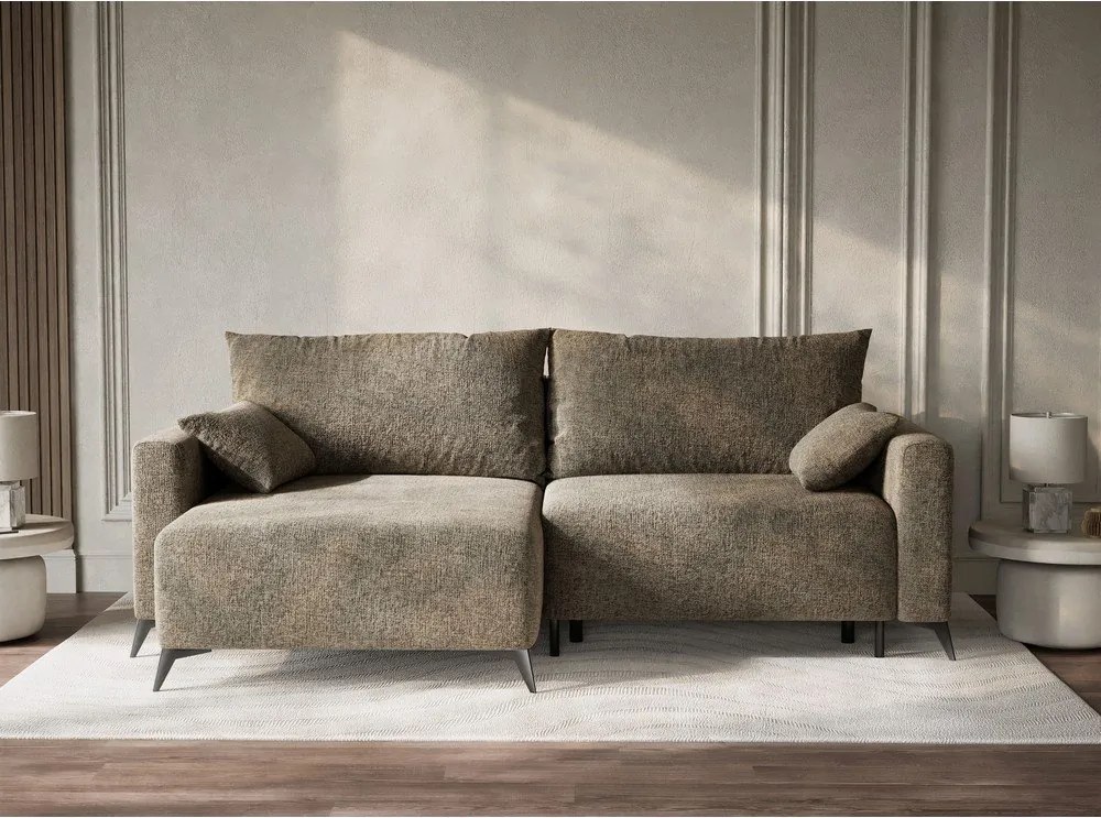 Barna zsenília kinyitható-tárolóhelyes sarokkanapé (bal oldali-heverő résszel) Leon – Maison de Rêve